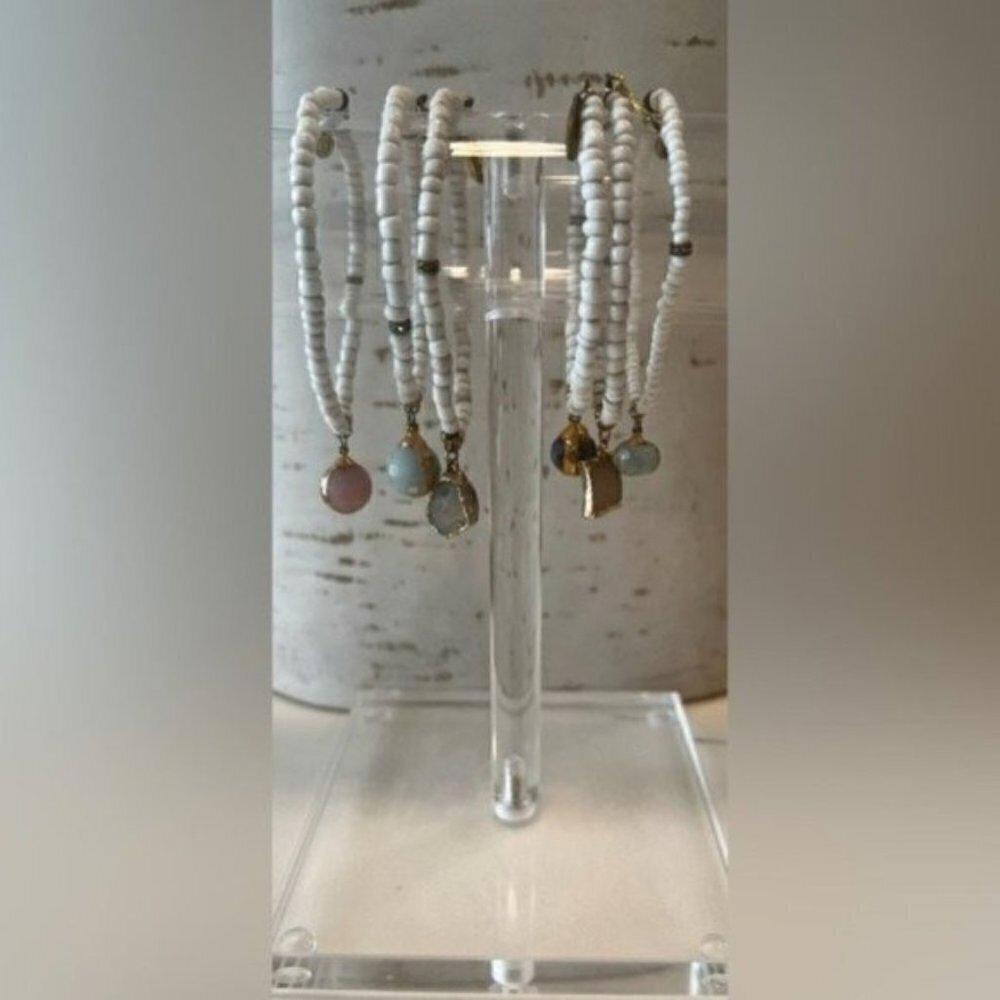 White Beaded Bracelets with Gemstone Charms